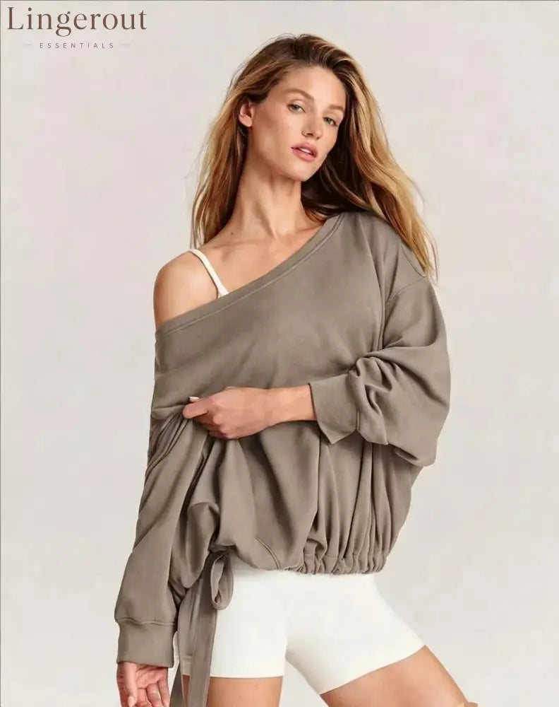 Off Shoulder Drawstring Hem Oversized Sweatshirt - Khaki / S