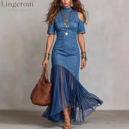 Off-Shoulder Mesh Hem Midi Dress – Slim Fit Short Sleeve Dress