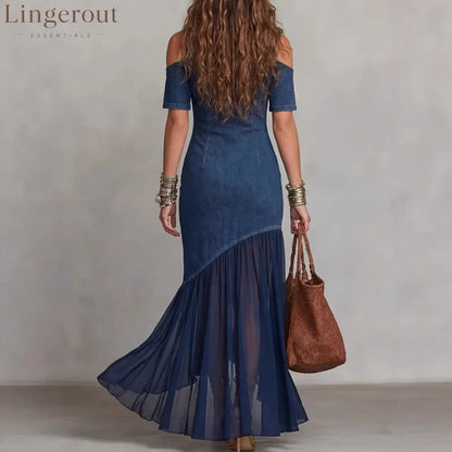 Off-Shoulder Mesh Hem Midi Dress – Slim Fit Short Sleeve Dress