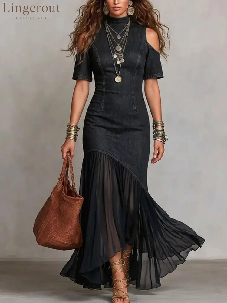Off-Shoulder Mesh Hem Midi Dress – Slim Fit Short Sleeve Dress - Black / S