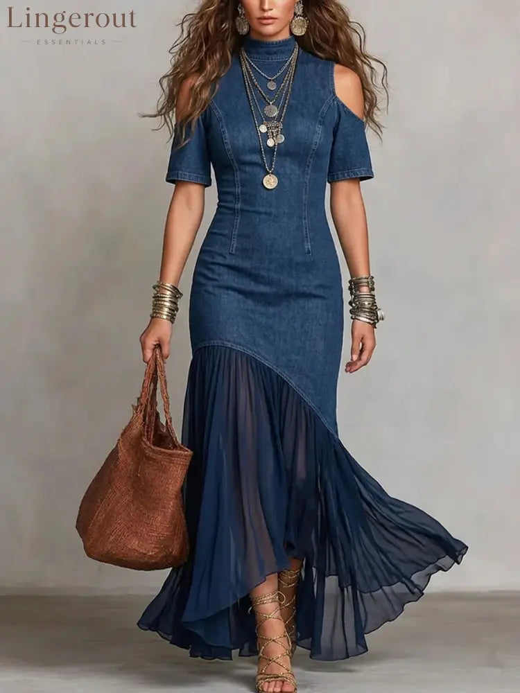 Off-Shoulder Mesh Hem Midi Dress – Slim Fit Short Sleeve Dress - Dark Blue / S
