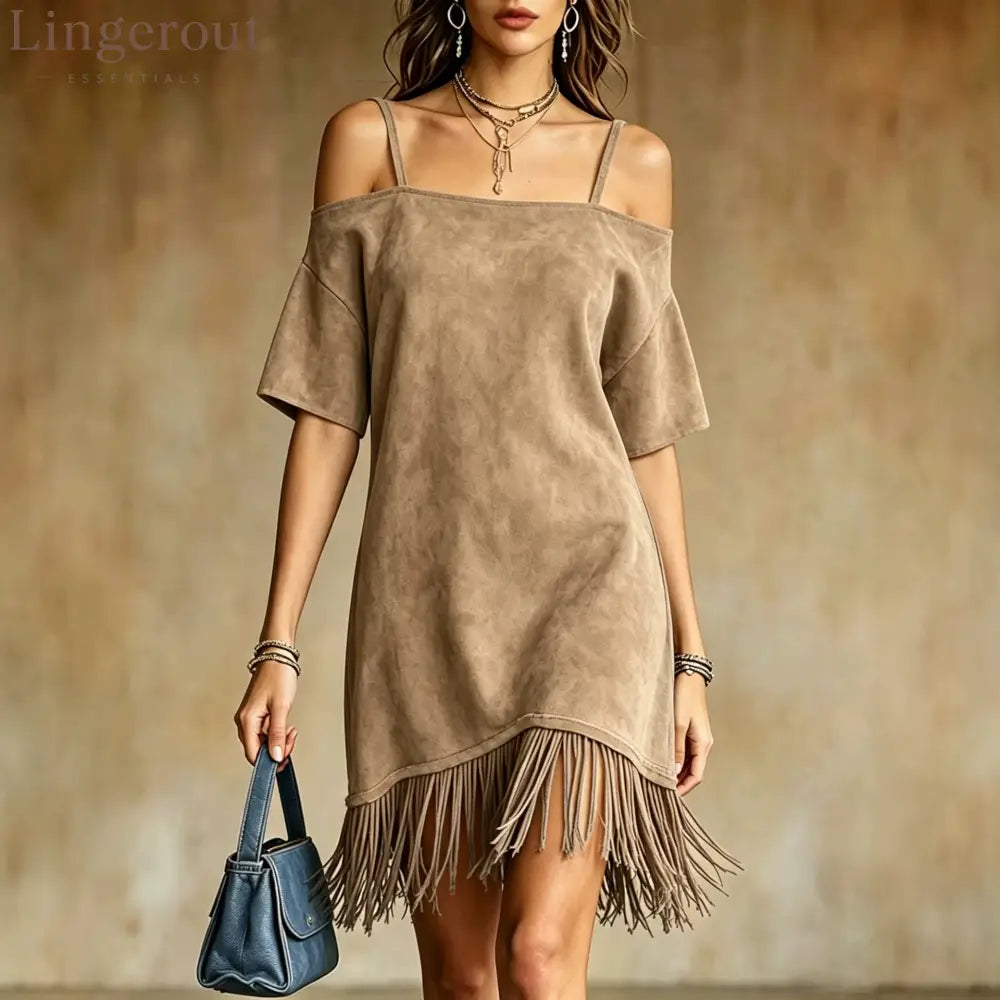 Off Shoulder Spaghetti Strap Suede Fringe Mini Dress