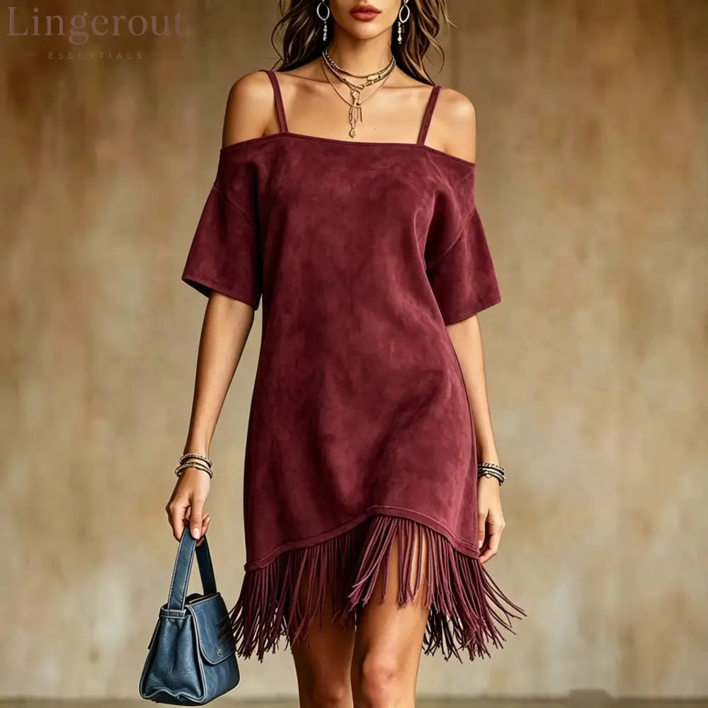 Off Shoulder Spaghetti Strap Suede Fringe Mini Dress