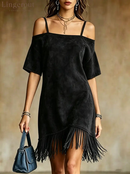 Off Shoulder Spaghetti Strap Suede Fringe Mini Dress - Black / S