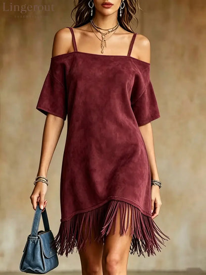 Off Shoulder Spaghetti Strap Suede Fringe Mini Dress - Burgundy / S