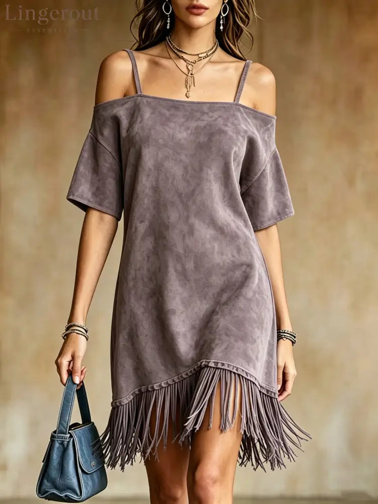 Off Shoulder Spaghetti Strap Suede Fringe Mini Dress - Pale pinkish gray / S