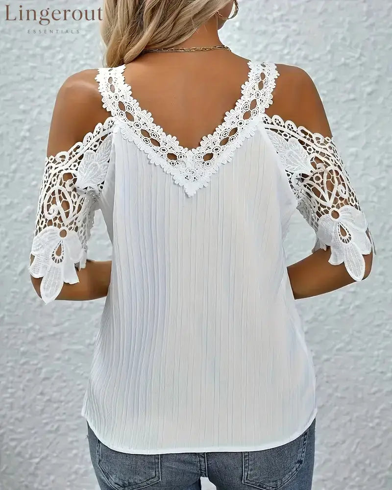 Off-The-Shoulder Lace Solid Color T-Shirt
