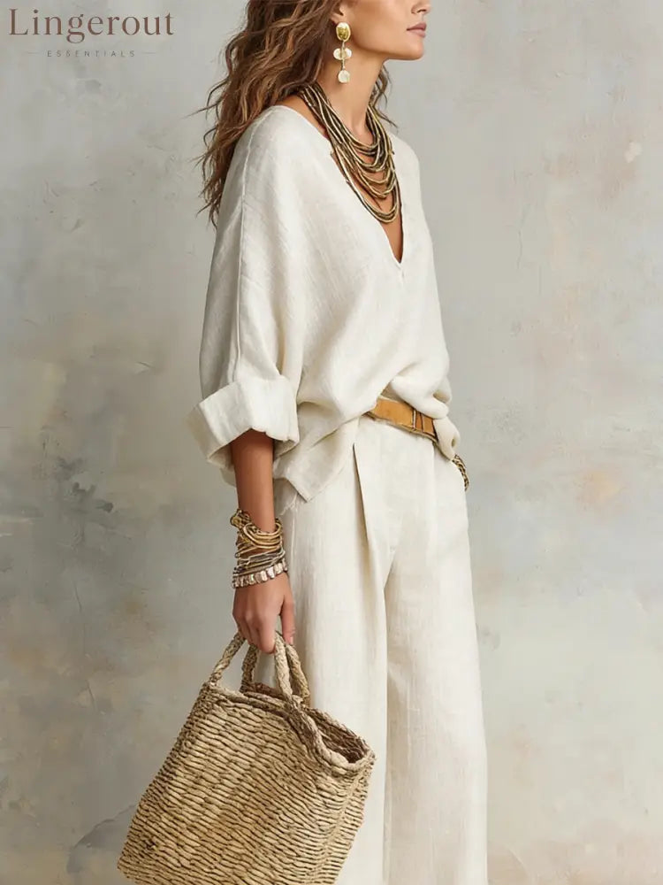 Off White Natural Linen Loose Fitting Resort Wear Set