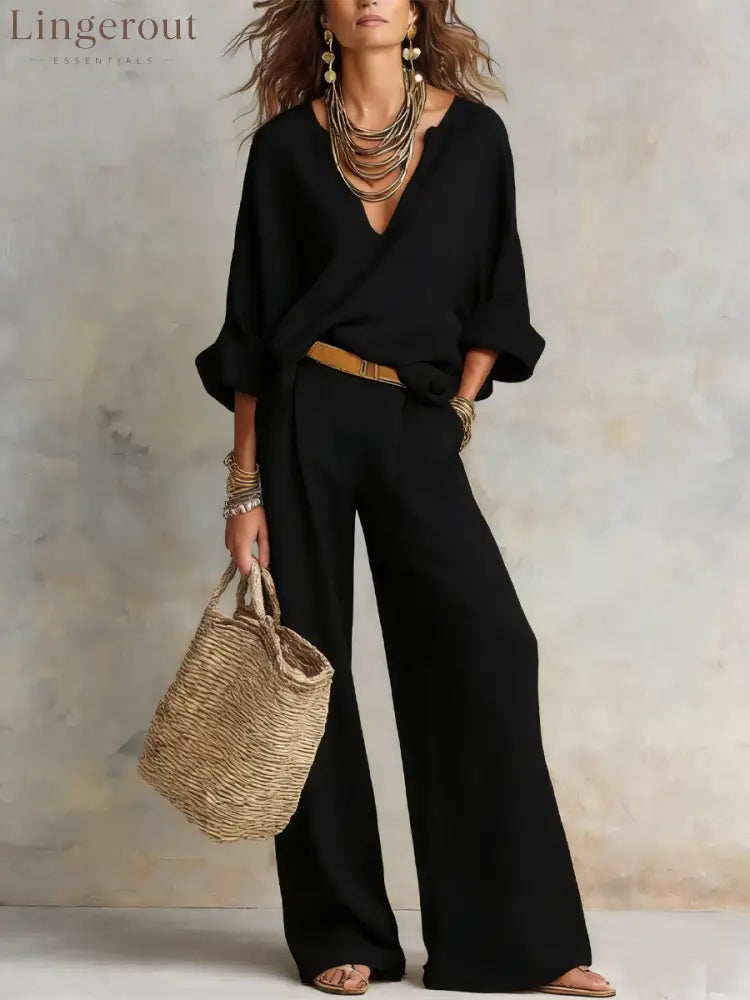Off White Natural Linen Loose Fitting Resort Wear Set - Black / XS