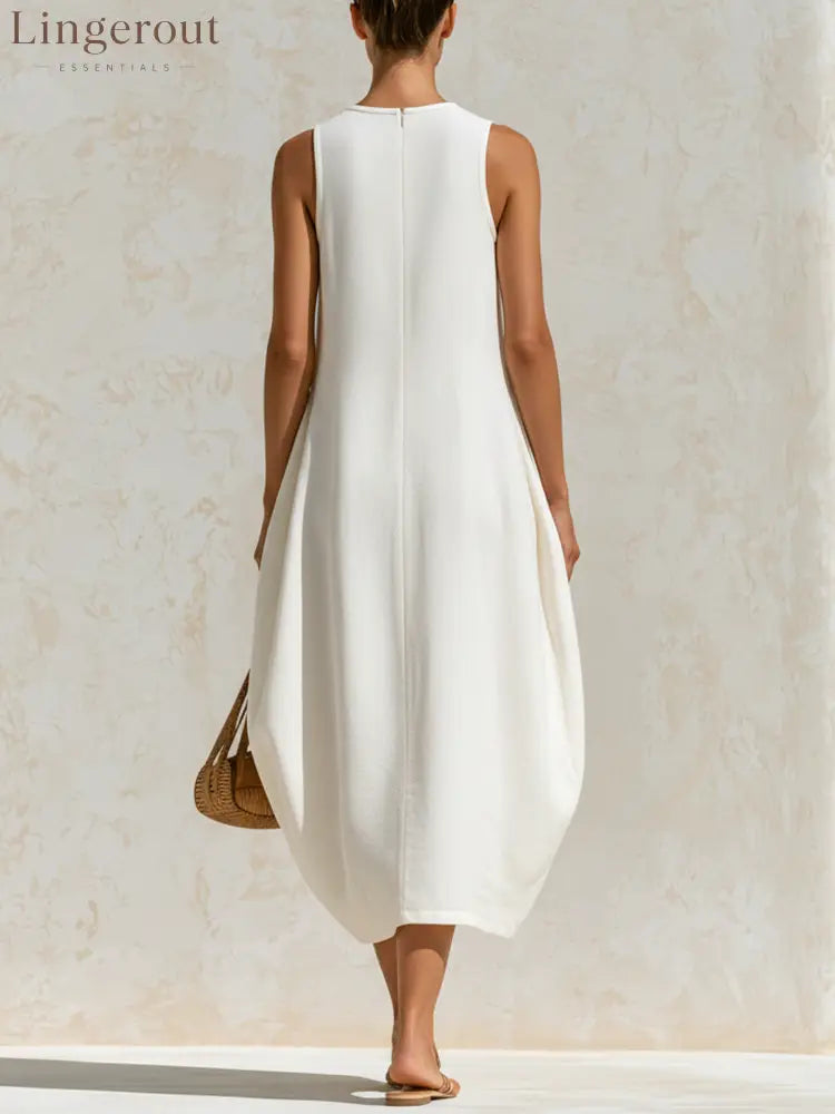 Off White Sleeveless Gathered Bubble Midi Dress - Sleeveless Midi Dress