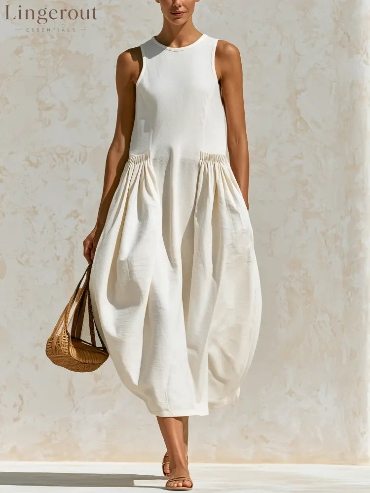 Off White Sleeveless Gathered Bubble Midi Dress - WHITE / XS - Sleeveless Midi Dress
