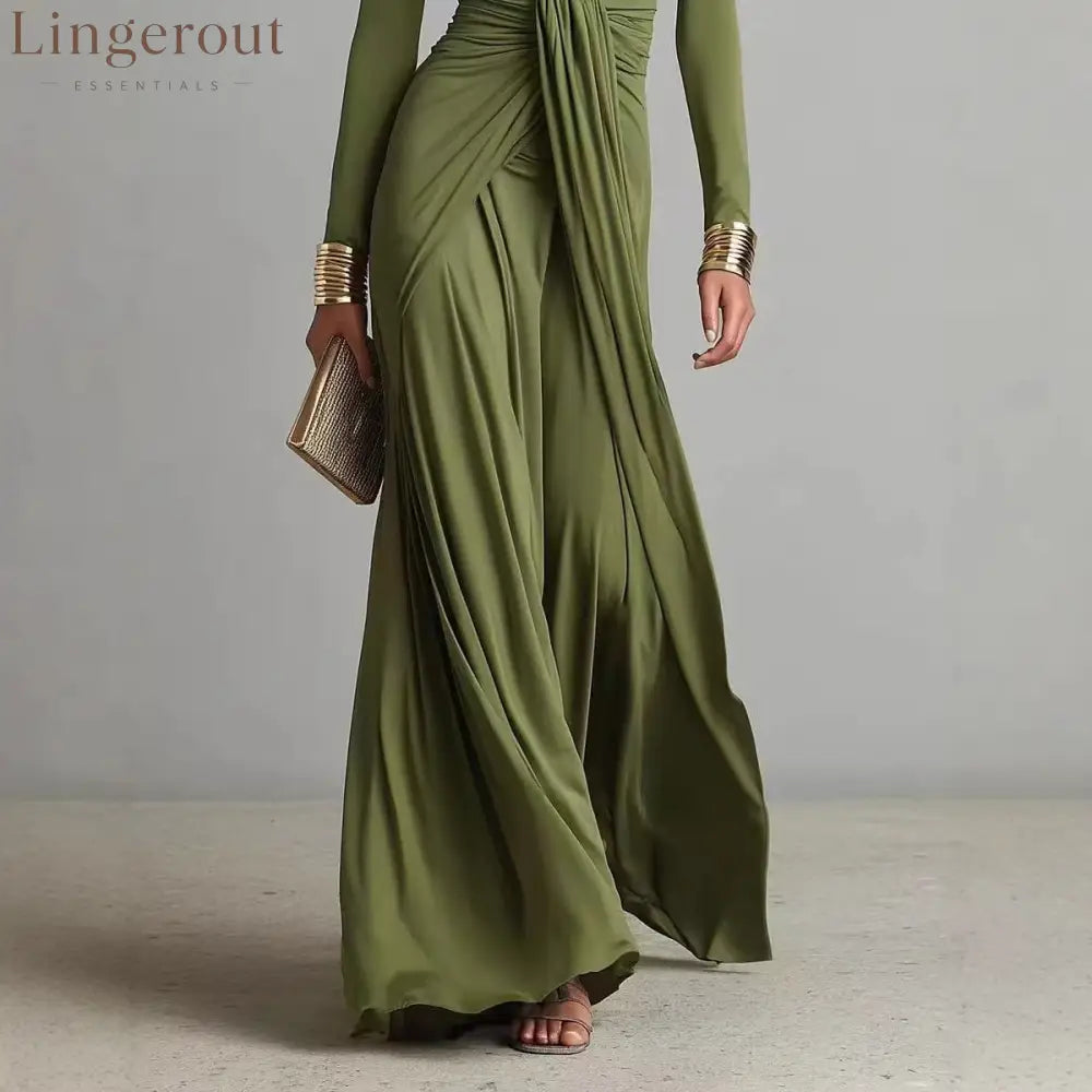 Olive Green Deep V-neck Pleated Glamorous Maxi Dress