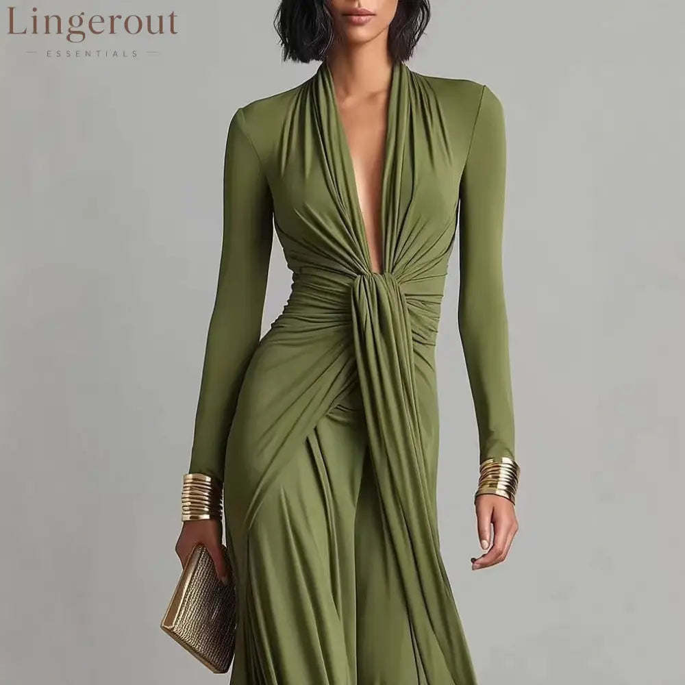 Olive Green Deep V-neck Pleated Glamorous Maxi Dress