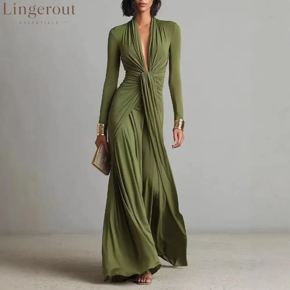 Olive Green Deep V-neck Pleated Glamorous Maxi Dress - Olive Green / XS