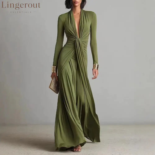 Olive Green Deep V-neck Pleated Glamorous Maxi Dress - Olive Green / XS