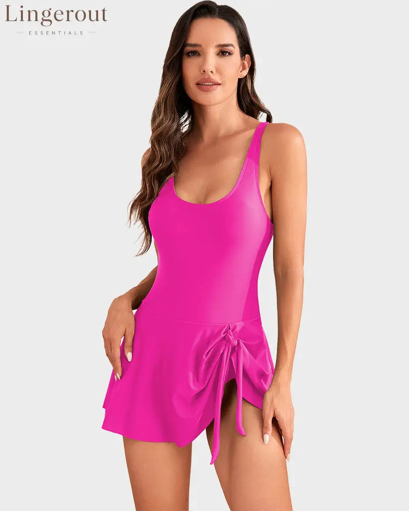 One Piece Tummy Control Tie Knot Swimsuits - Rose Red / S