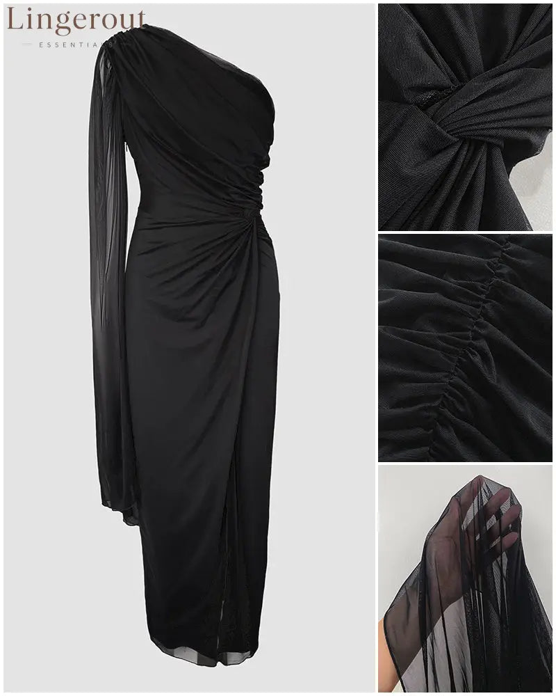 One Shoulder Asymmetrical Mesh Cloak Sleeve Ruched Twist Waist Evening Dress Waist Gathered Slit Party Dress
