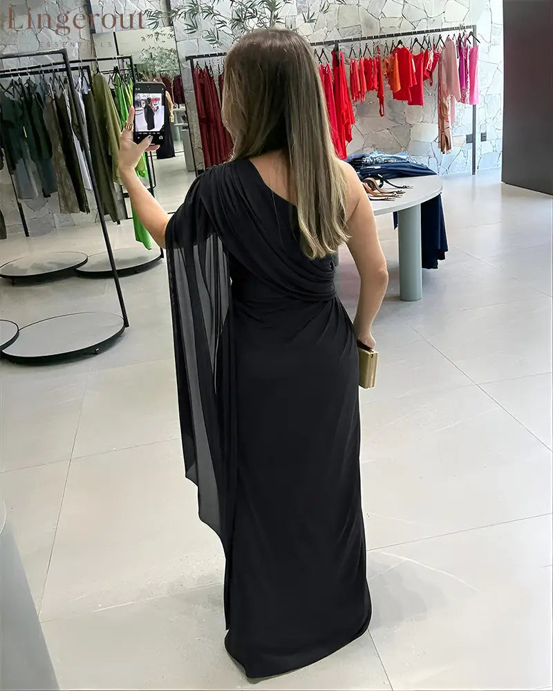 One Shoulder Asymmetrical Mesh Cloak Sleeve Ruched Twist Waist Evening Dress Waist Gathered Slit Party Dress