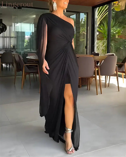 One Shoulder Asymmetrical Mesh Cloak Sleeve Ruched Twist Waist Evening Dress Waist Gathered Slit Party Dress - black / S