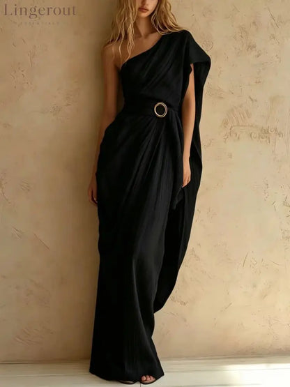 One-Shoulder Draped Belted Maxi Dress - Black / S