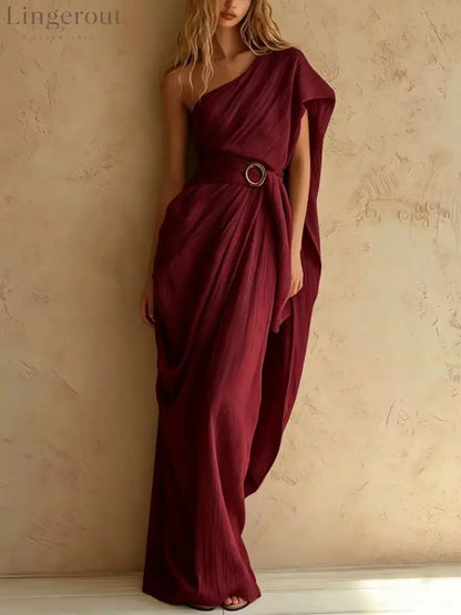 One-Shoulder Draped Belted Maxi Dress - Claret / S
