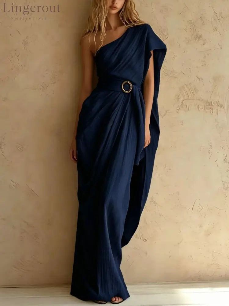 One-Shoulder Draped Belted Maxi Dress - Navy blue / S
