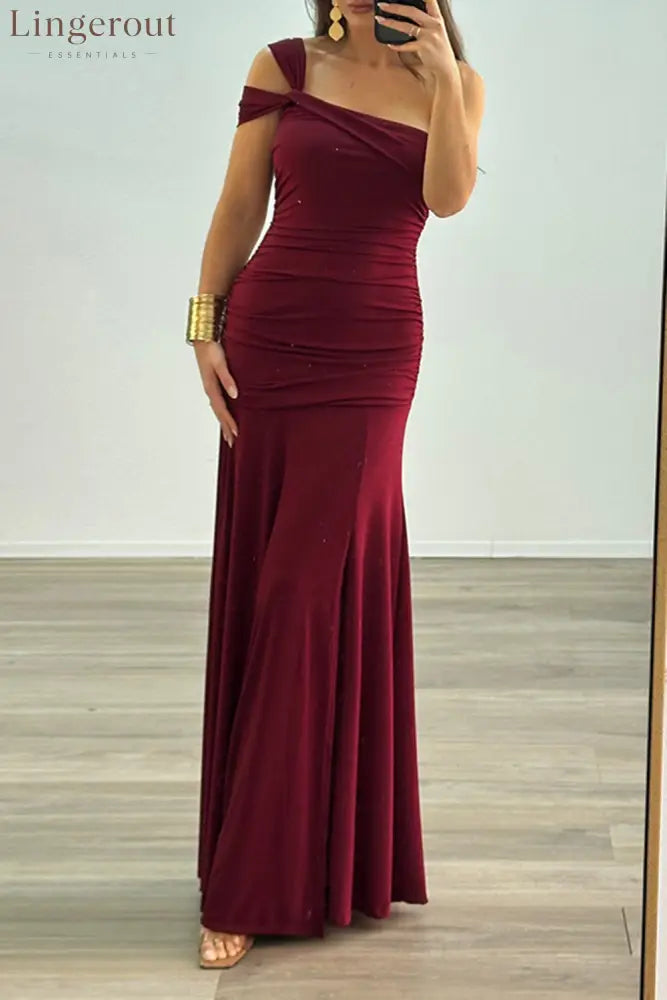 One Shoulder Ruched High Slit Slim Fit Solid Color Party Maxi Dresses-Brown - Burgundy / S