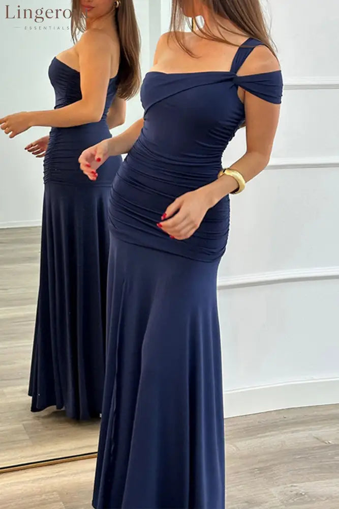 One Shoulder Ruched High Slit Slim Fit Solid Color Party Maxi Dresses-Brown - Navy / S