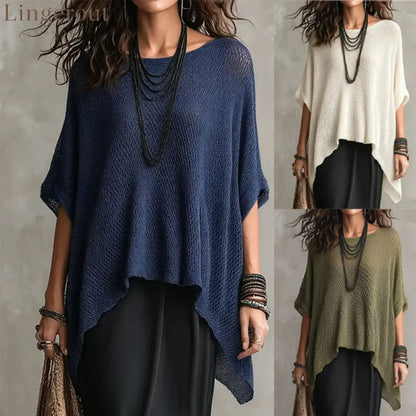 Open Knit Asymmetrical High Low Batwing Oversized Tunic Top