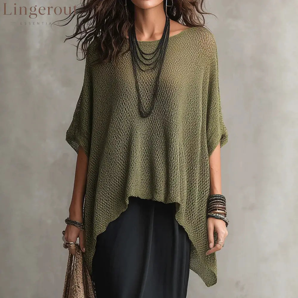 Open Knit Asymmetrical High Low Batwing Oversized Tunic Top - Green / S