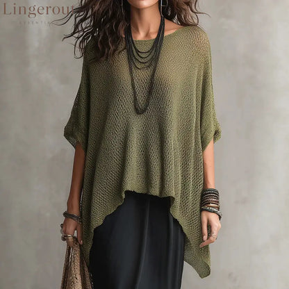 Open Knit Asymmetrical High Low Batwing Oversized Tunic Top - Green / S