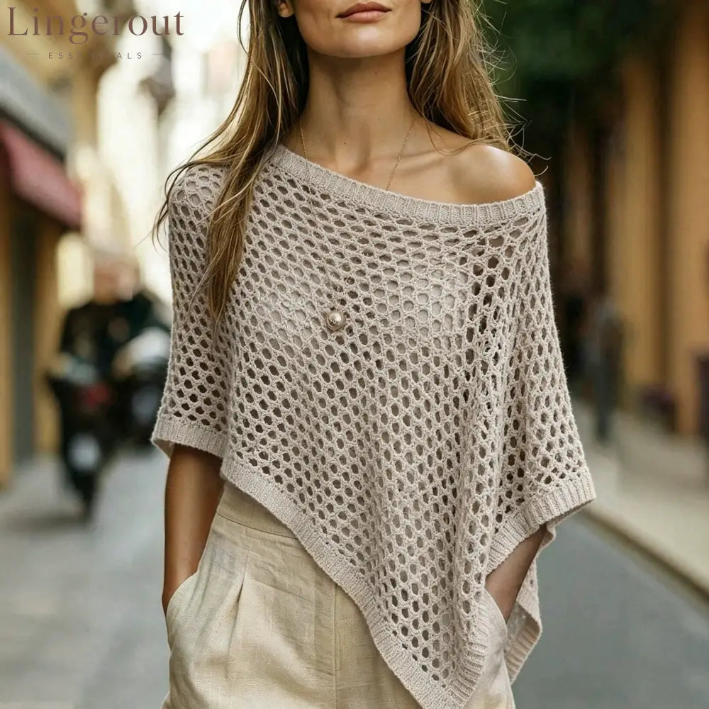Open‑Knit Off‑Shoulder Asymmetric Poncho Sweater Top