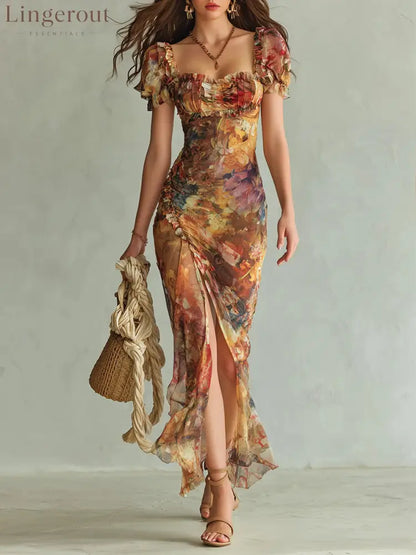 Orange Bohemian Holiday Oil Painting Print Chiffon Maxi Dress - Orange / XS