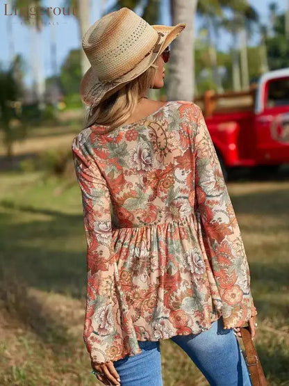 Orange Boho Women’s Paisley Print Mesh Long Sleeve Tie Front Asymmetric top