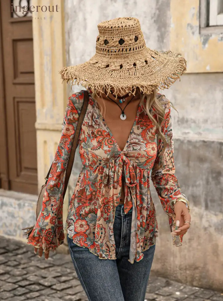 Orange Boho Women’s Paisley Print Mesh Long Sleeve Tie Front Asymmetric top
