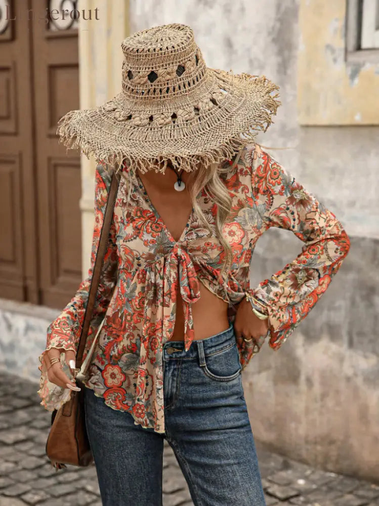 Orange Boho Women’s Paisley Print Mesh Long Sleeve Tie Front Asymmetric top