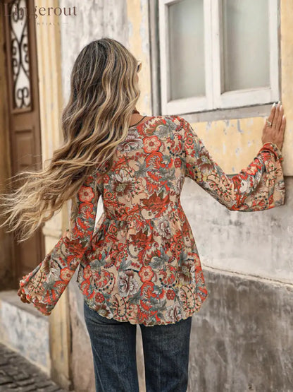 Orange Boho Women’s Paisley Print Mesh Long Sleeve Tie Front Asymmetric top