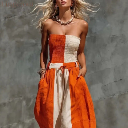 Orange White Vertical Color Block Smocked Strapless Linen Jumpsuit