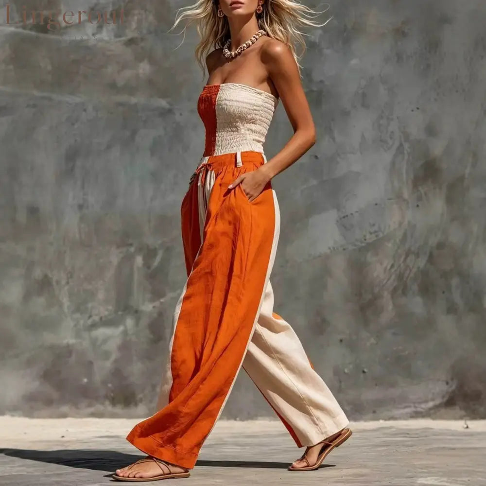 Orange White Vertical Color Block Smocked Strapless Linen Jumpsuit