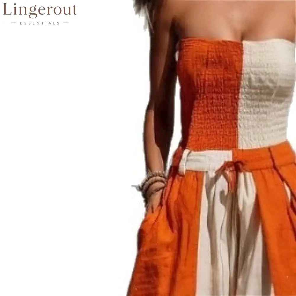 Orange White Vertical Color Block Smocked Strapless Linen Jumpsuit
