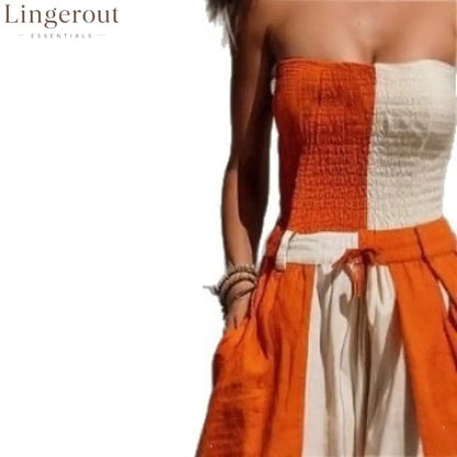 Orange White Vertical Color Block Smocked Strapless Linen Jumpsuit