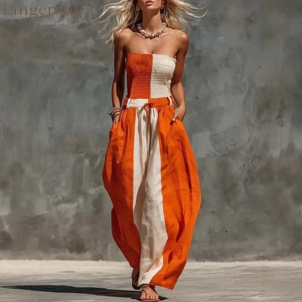 Orange White Vertical Color Block Smocked Strapless Linen Jumpsuit - Orange / S