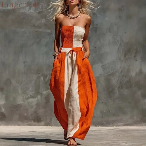 Orange White Vertical Color Block Smocked Strapless Linen Jumpsuit - Orange / S
