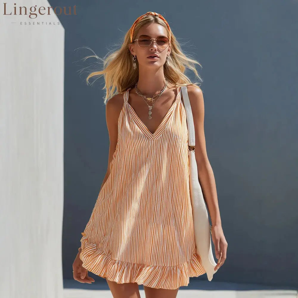 Orange White Vertical Stripe Spaghetti Strap Ruffle Hem Mini Dress