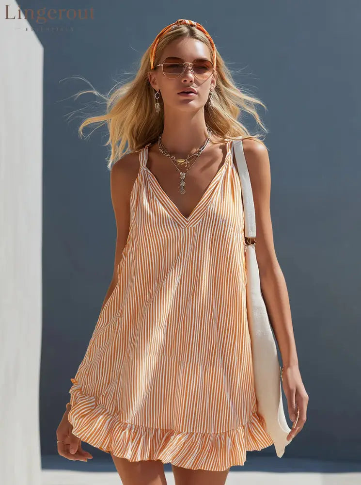 Orange White Vertical Stripe Spaghetti Strap Ruffle Hem Mini Dress - Orange color / S