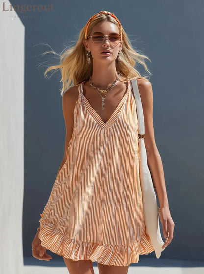 Orange White Vertical Stripe Spaghetti Strap Ruffle Hem Mini Dress - Orange color / S