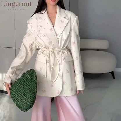 Oversized belted blazer with puff sleeves – Modern and sophisticated elegance - Apricot Floral / S