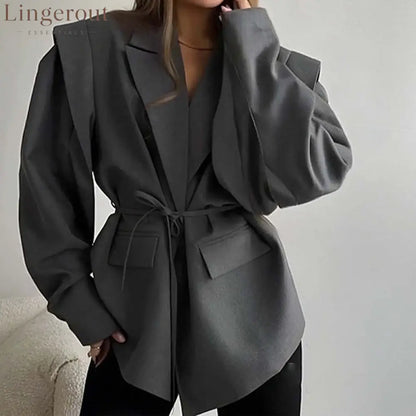 Oversized belted blazer with puff sleeves – Modern and sophisticated elegance - Grey / S