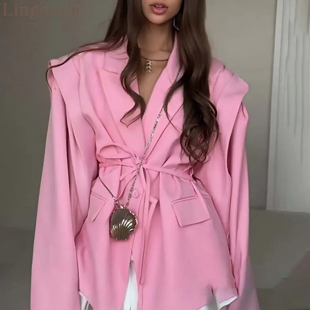 Oversized belted blazer with puff sleeves – Modern and sophisticated elegance - Pink / S