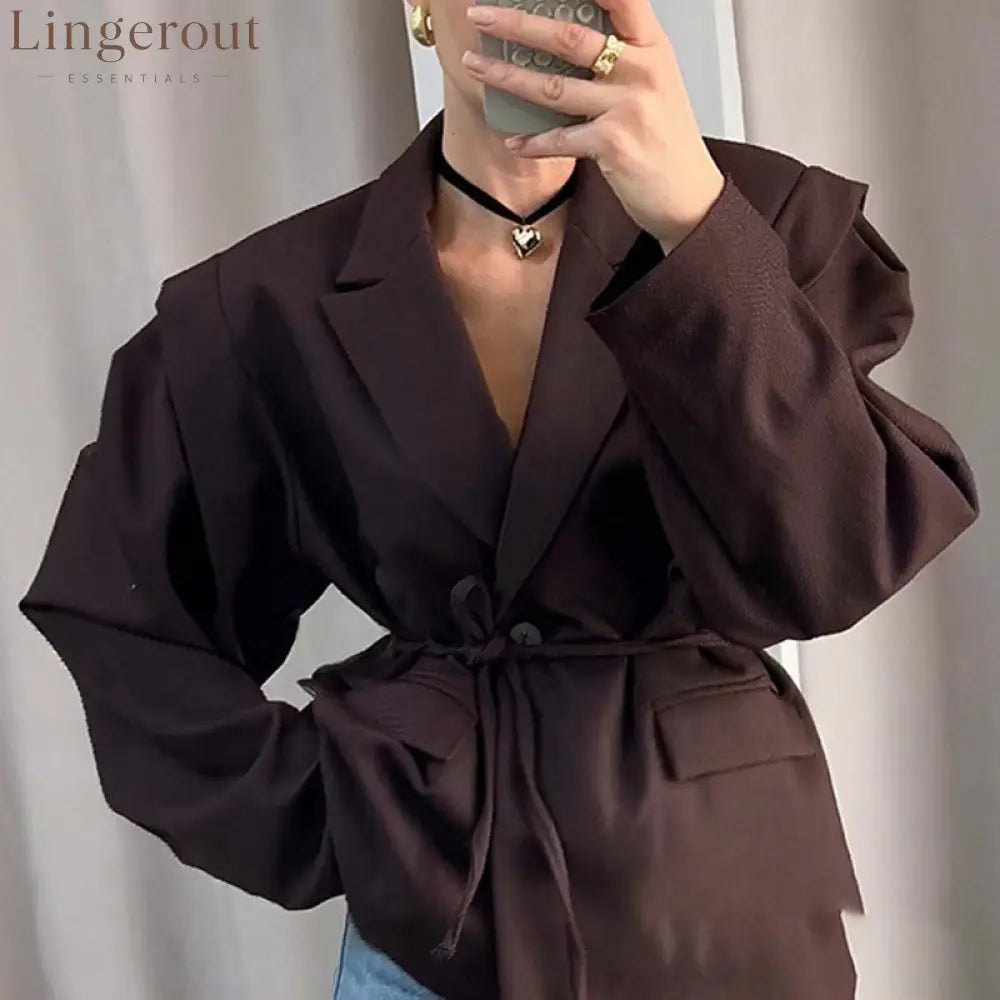 Oversized belted blazer with puff sleeves – Modern and sophisticated elegance - Reddish brown / S